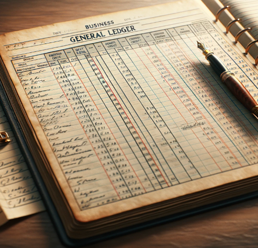 Paper accounting ledger with handwritten entries and a pen.