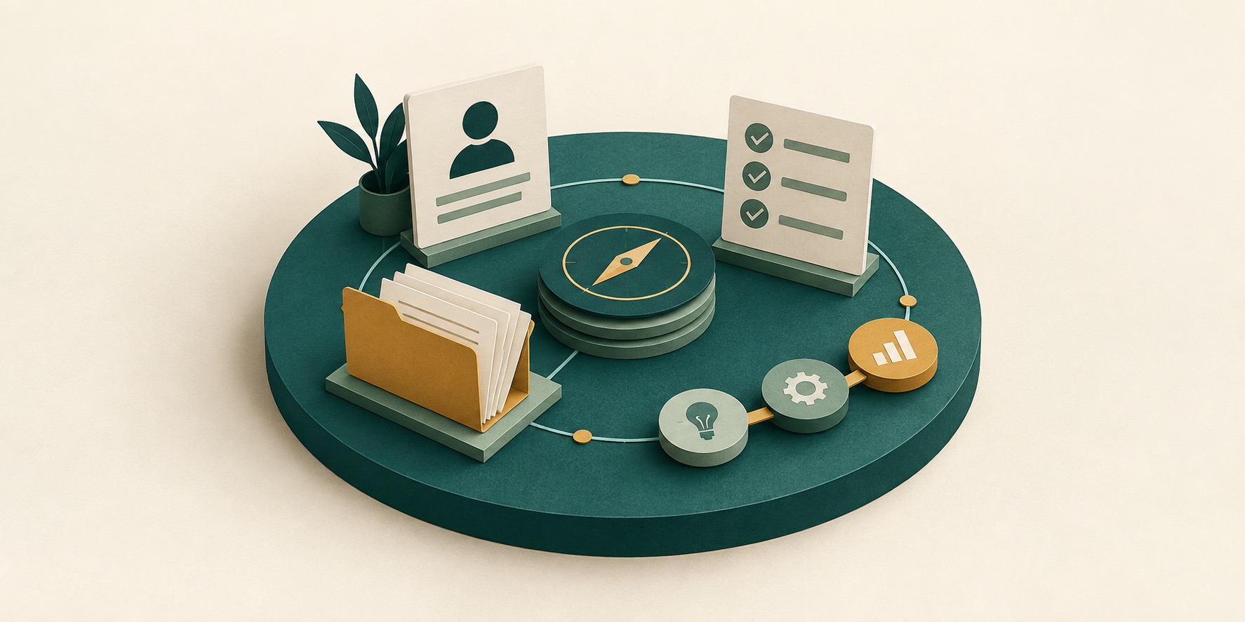A shared teal platform connecting a client profile, tasks, documents and progress.